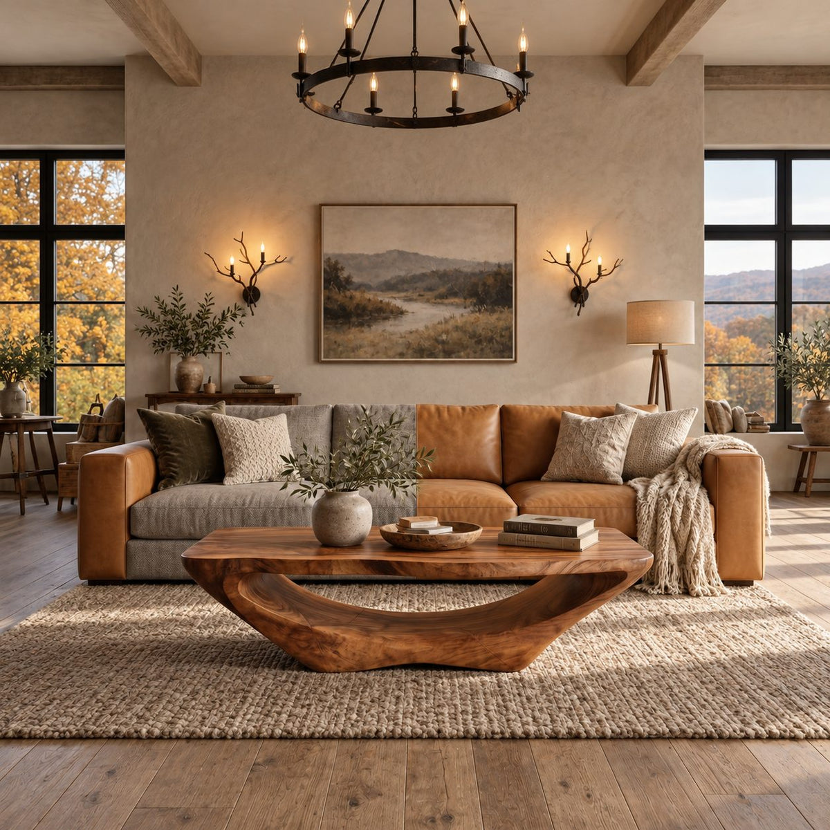 Contemporary Live Edge Coffee Table With Open Arch Base For Living Room