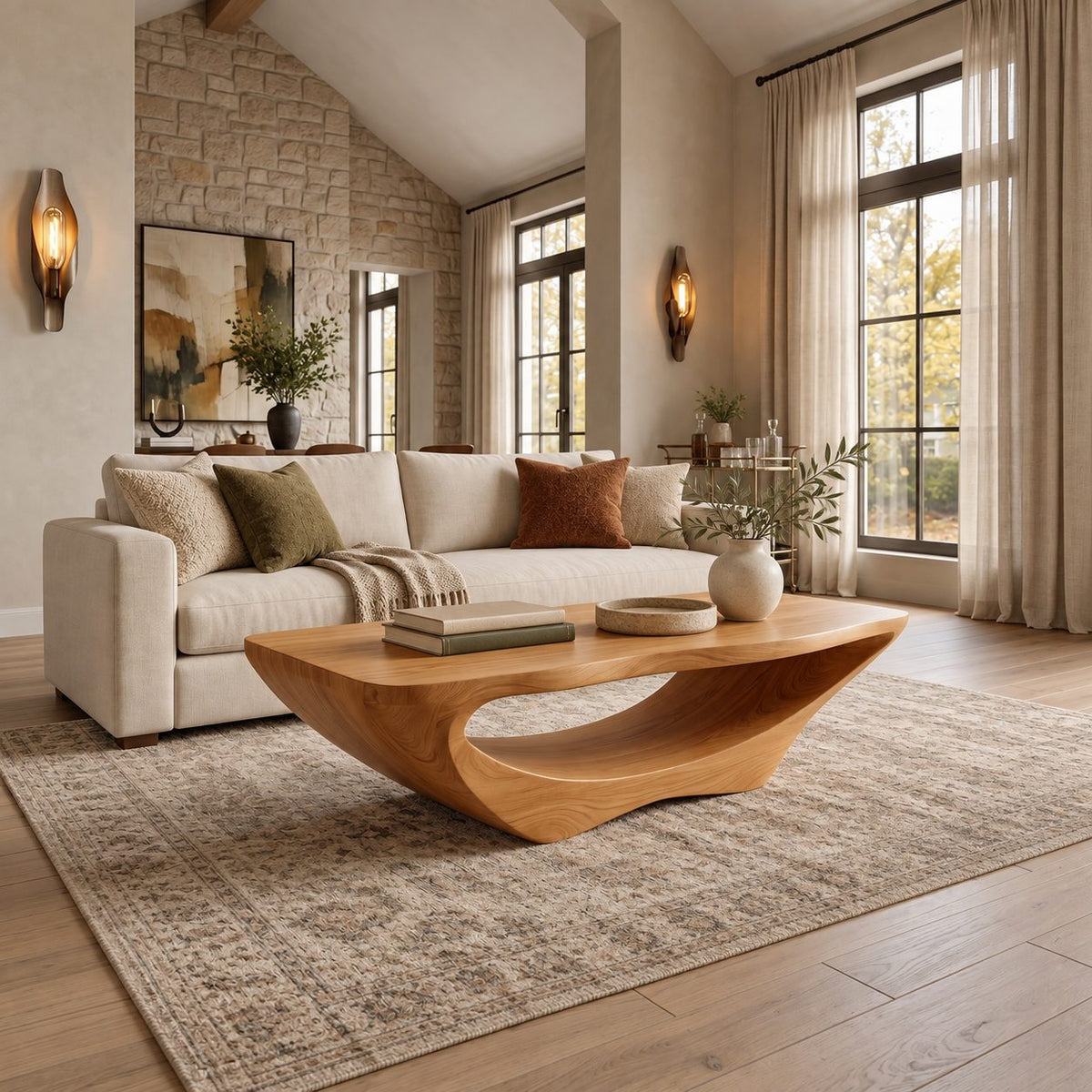 Contemporary Live Edge Coffee Table With Open Arch Base For Living Room