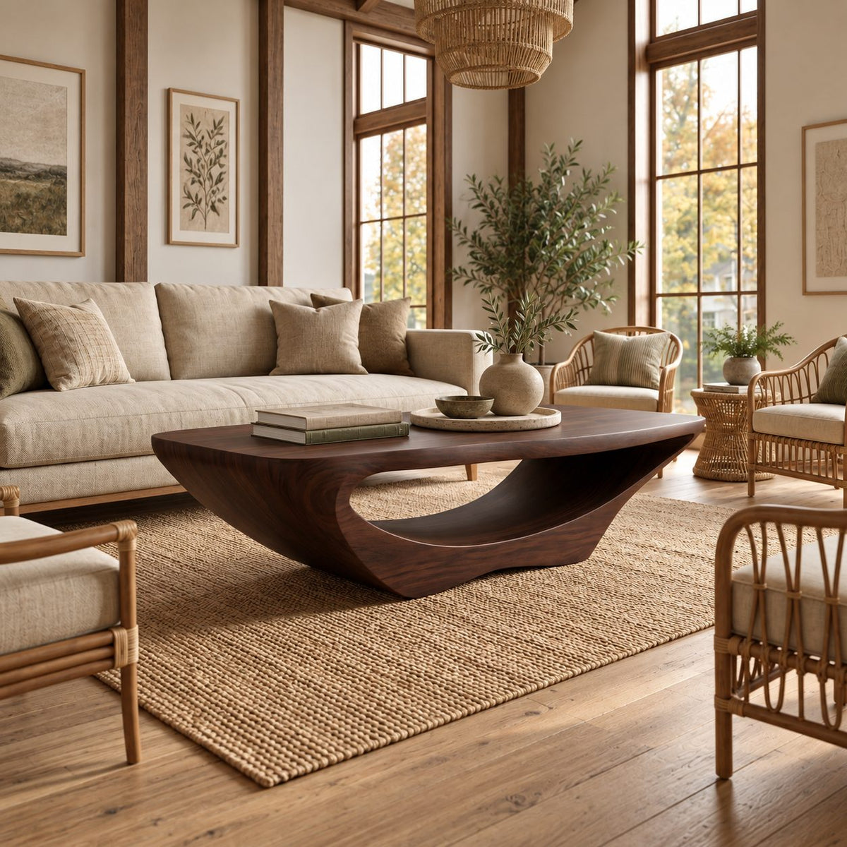 Contemporary Live Edge Coffee Table With Open Arch Base For Living Room