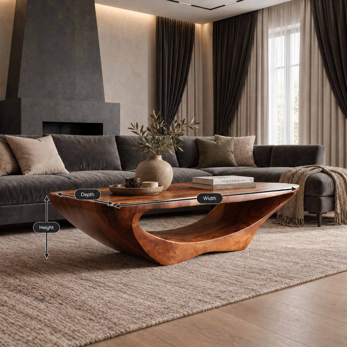 Contemporary Live Edge Coffee Table With Open Arch Base For Living Room