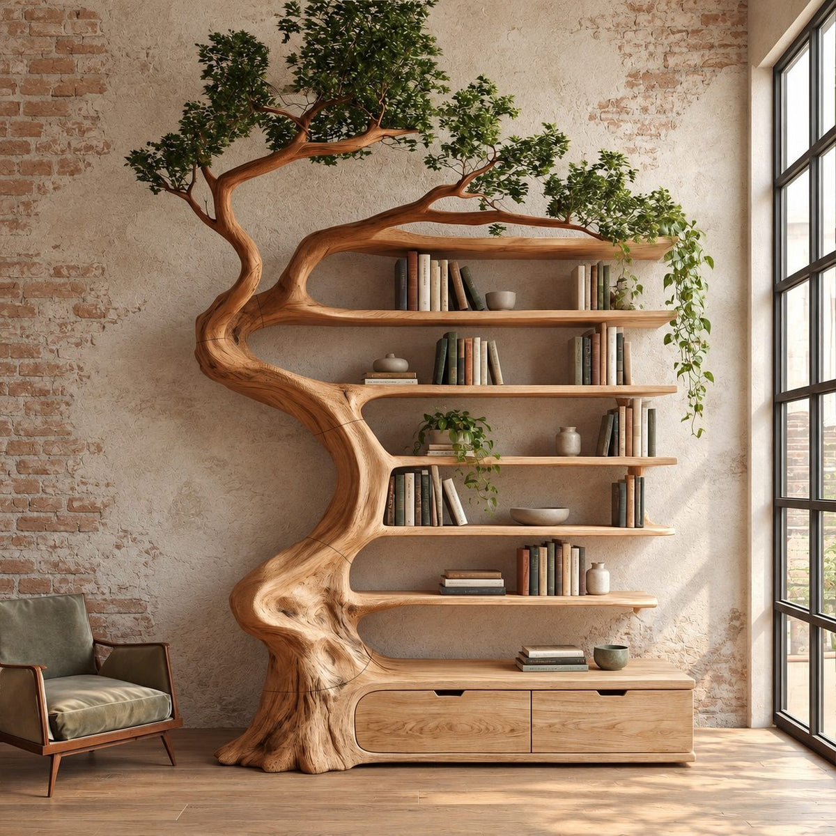 Whimsical Carved Tree Bookshelf With Storage Drawers For Living Room