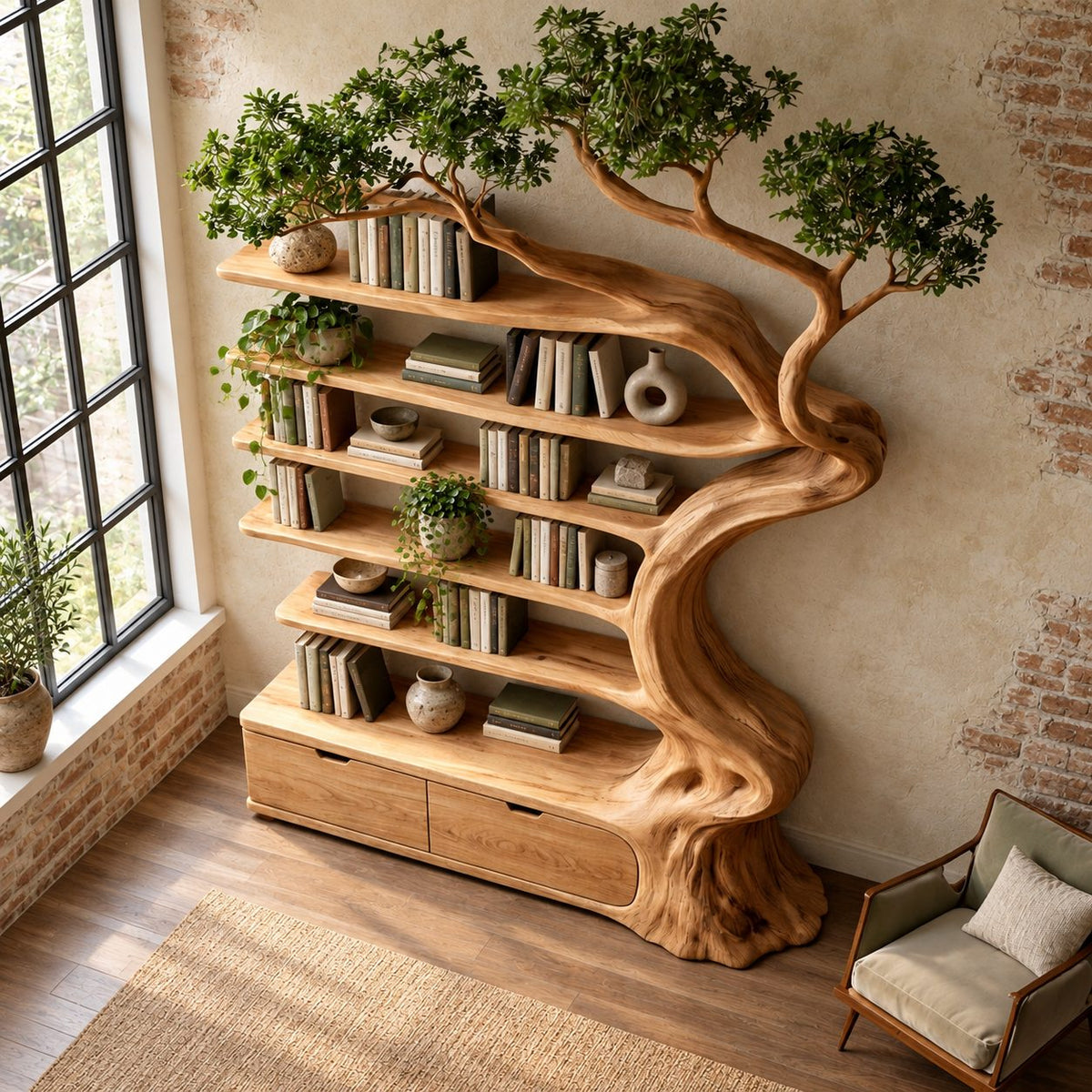 Whimsical Carved Tree Bookshelf With Storage Drawers For Living Room
