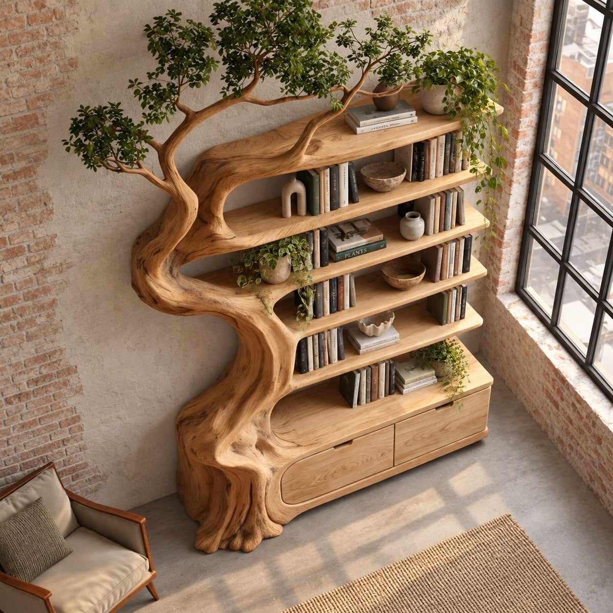 Whimsical Carved Tree Bookshelf With Storage Drawers For Living Room