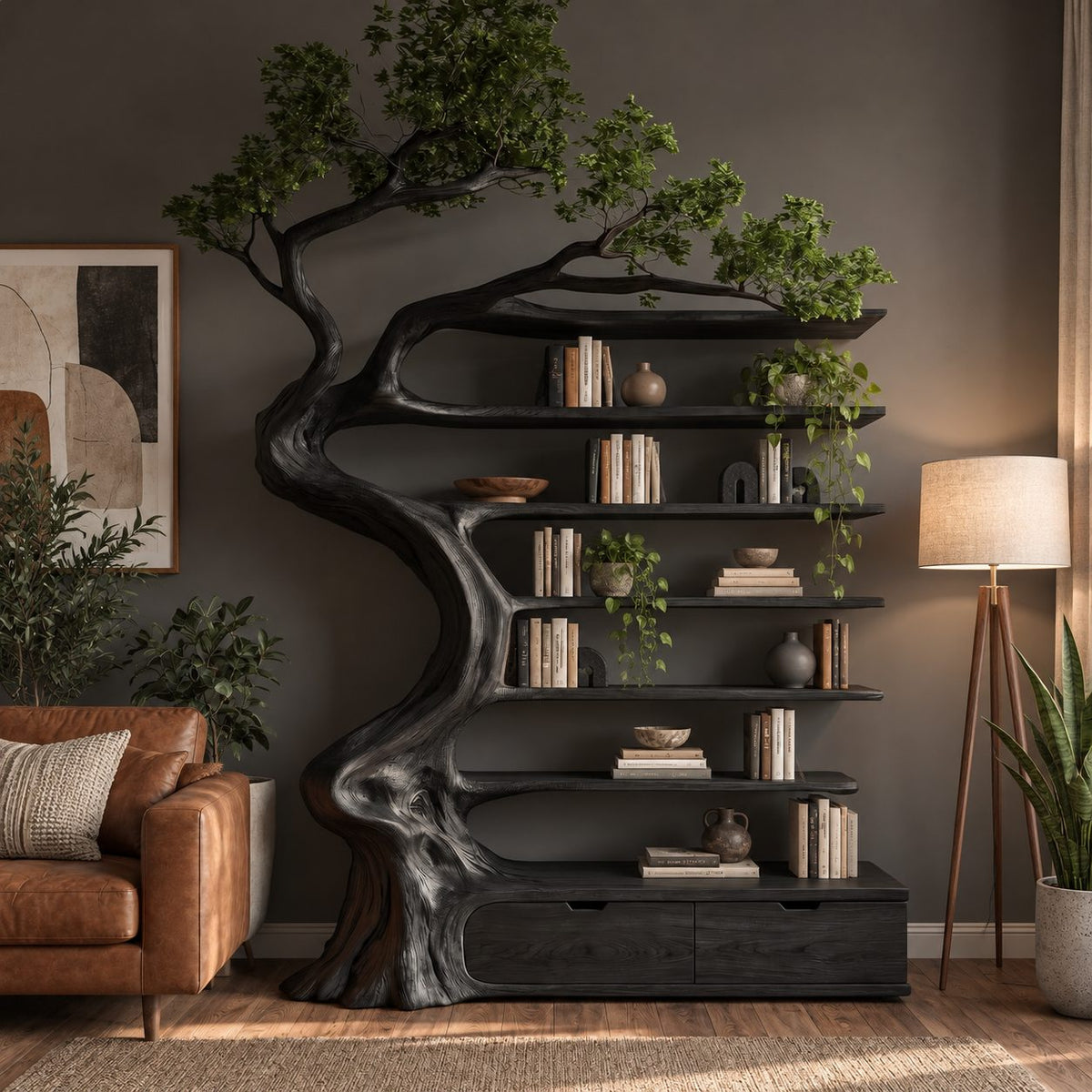 Whimsical Carved Tree Bookshelf With Storage Drawers For Living Room