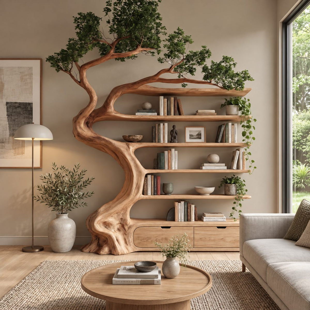 Whimsical Carved Tree Bookshelf With Storage Drawers For Living Room