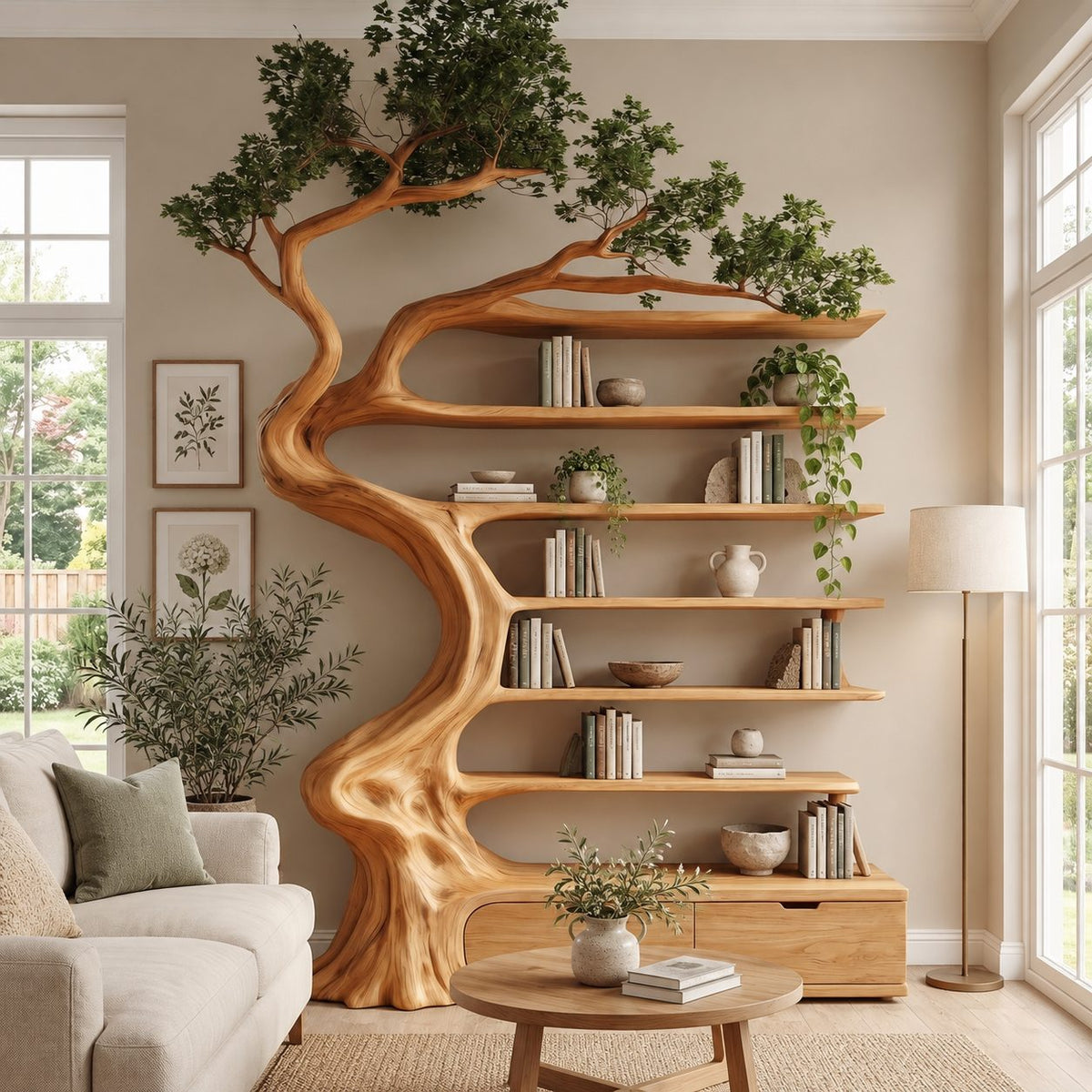 Whimsical Carved Tree Bookshelf With Storage Drawers For Living Room