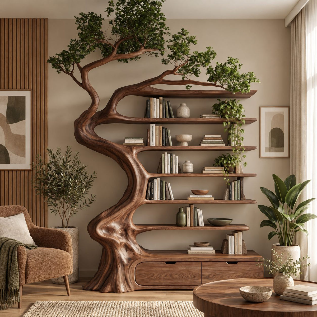 Whimsical Carved Tree Bookshelf With Storage Drawers For Living Room