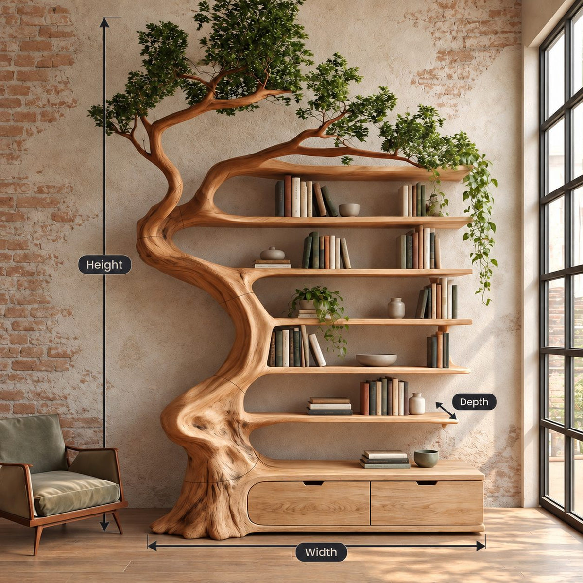 Whimsical Carved Tree Bookshelf With Storage Drawers For Living Room