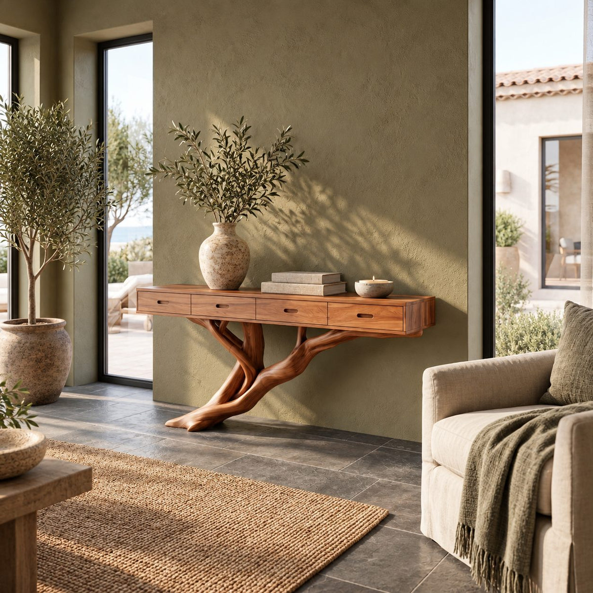 Scandinavian Floating Console Table With Tree Branch Leg For Entryway