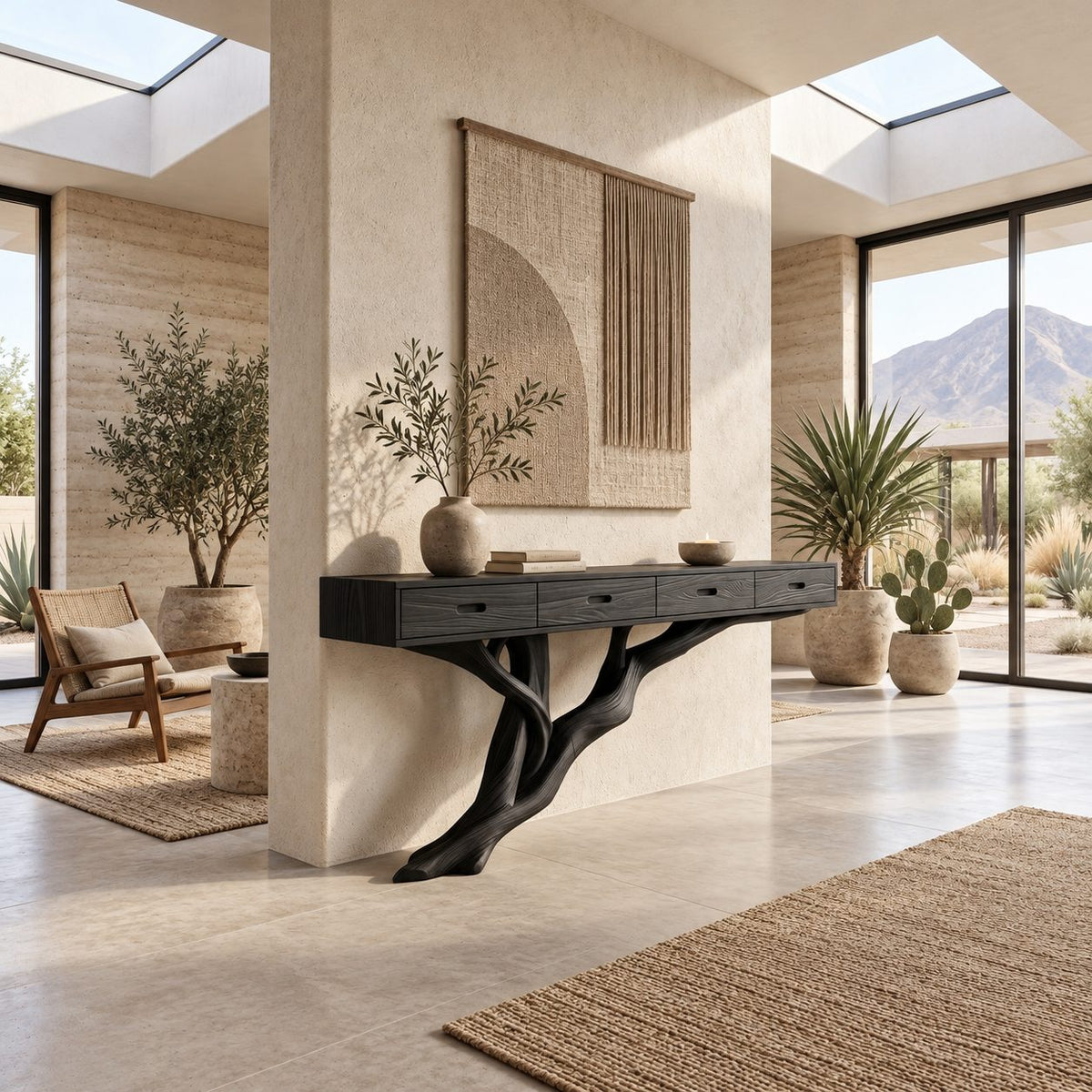 Scandinavian Floating Console Table With Tree Branch Leg For Entryway