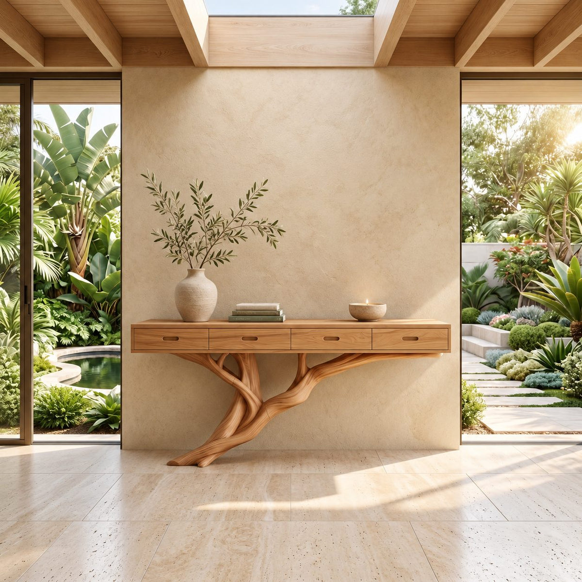 Scandinavian Floating Console Table With Tree Branch Leg For Entryway