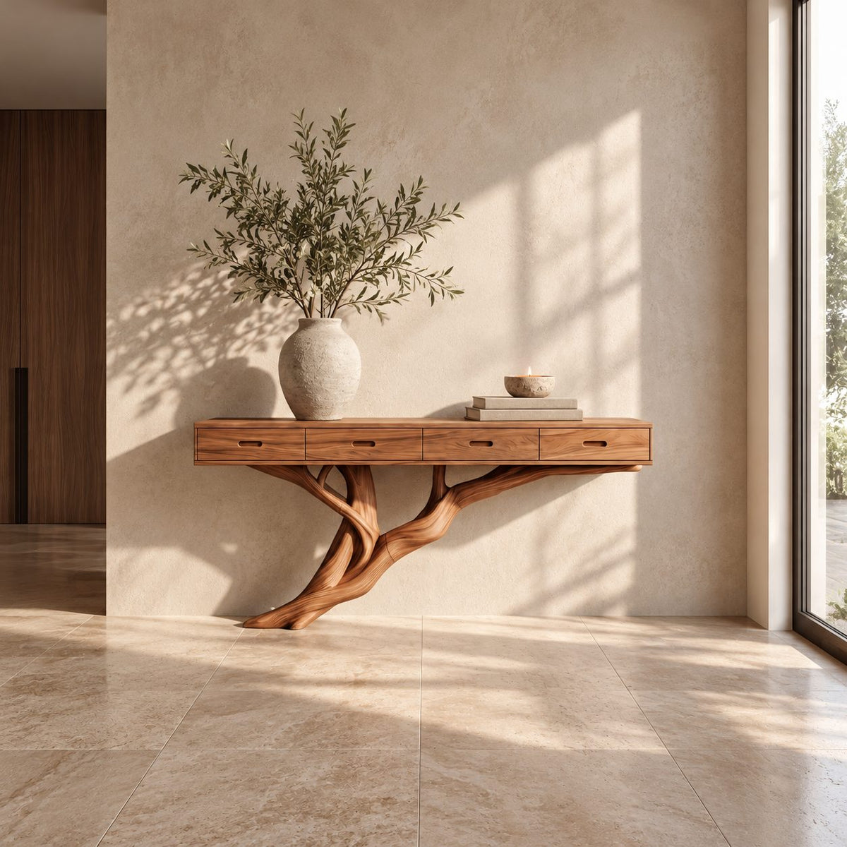 Scandinavian Floating Console Table With Tree Branch Leg For Entryway
