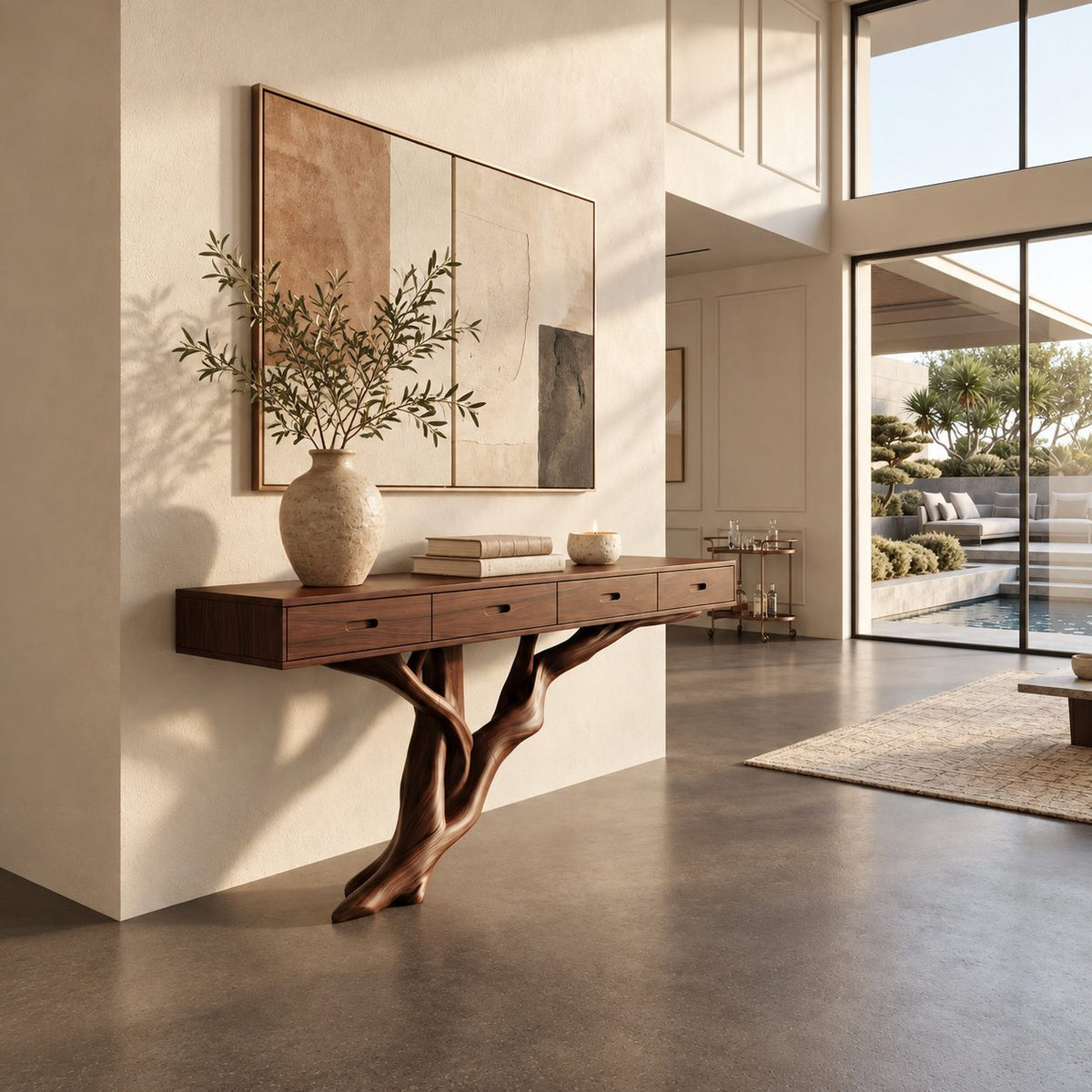 Scandinavian Floating Console Table With Tree Branch Leg For Entryway
