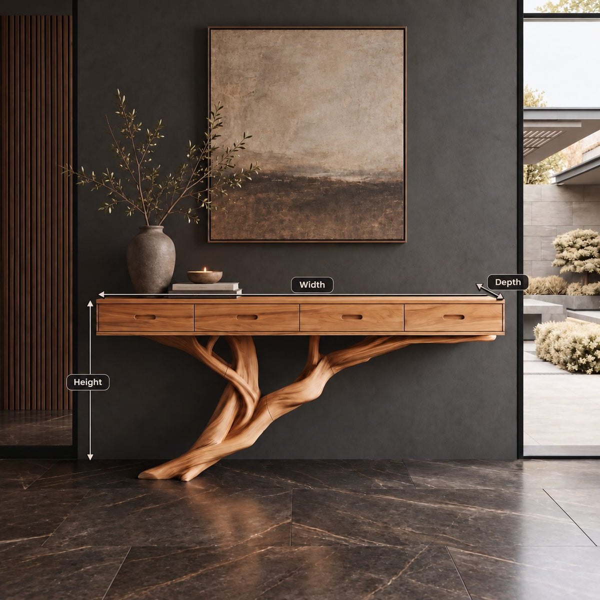 Scandinavian Floating Console Table With Tree Branch Leg For Entryway