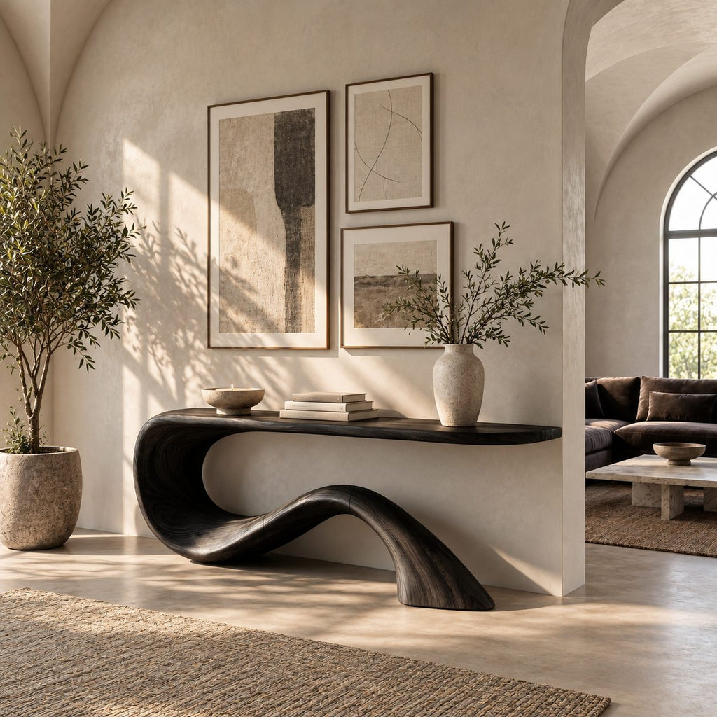 Mid Century Sculptural Console Table With Wave Base For Entryway