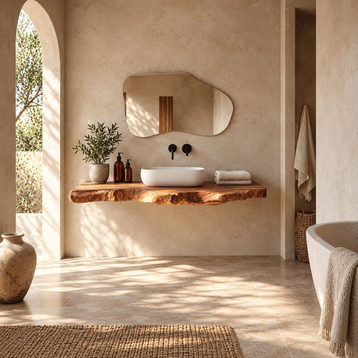 Minimalist Floating Bathroom Vanity Shelf With Natural Live Edge