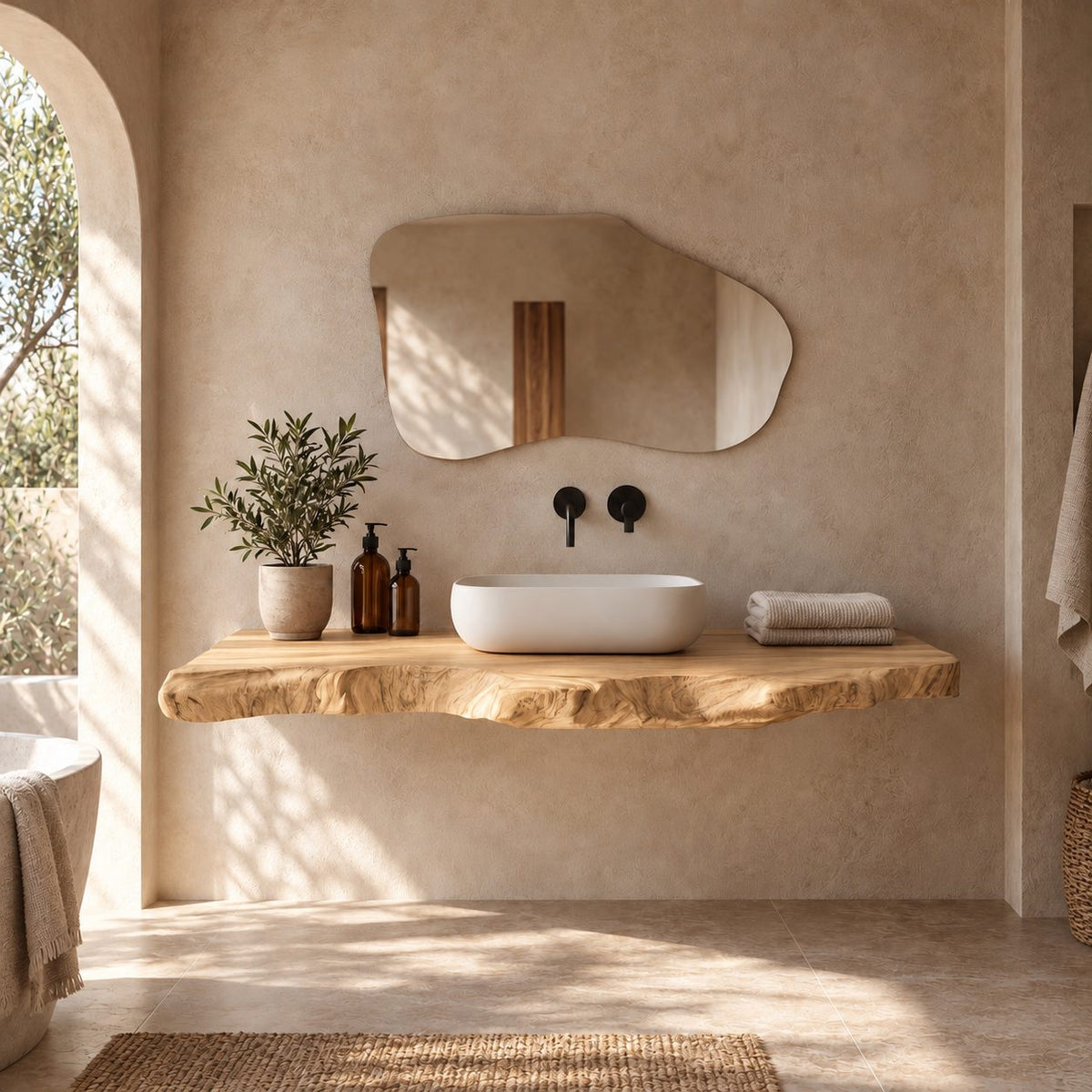 Minimalist Floating Bathroom Vanity Shelf With Natural Live Edge