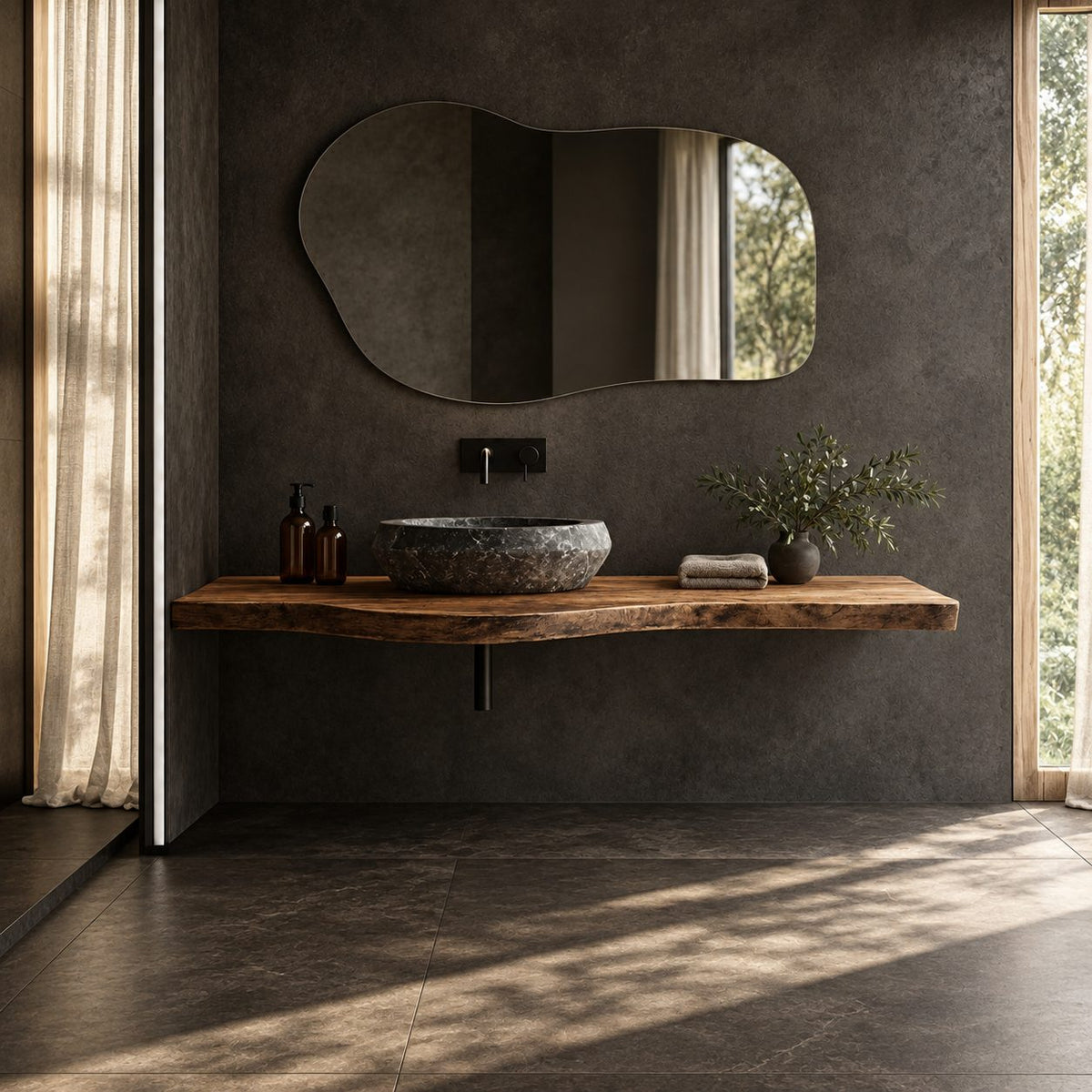 Sleek Floating Bathroom Vanity Counter With Soft Live Edge Front