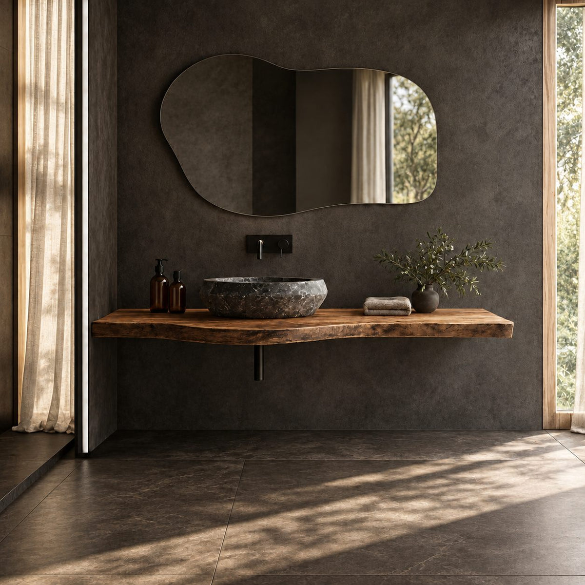 Sleek Floating Bathroom Vanity Counter With Soft Live Edge Front