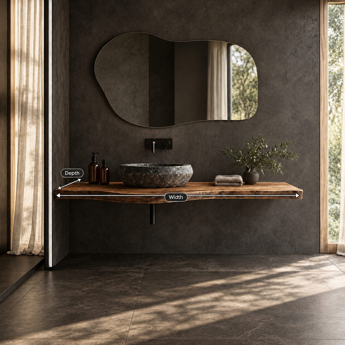 Sleek Floating Bathroom Vanity Counter With Soft Live Edge Front