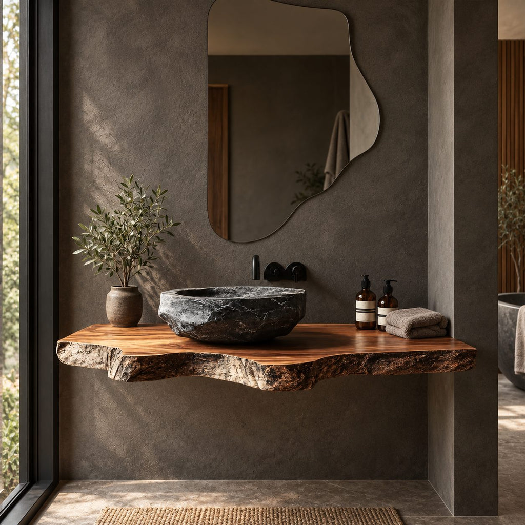Handcrafted Thick Slab Floating Bathroom Vanity With Rugged Live Edge