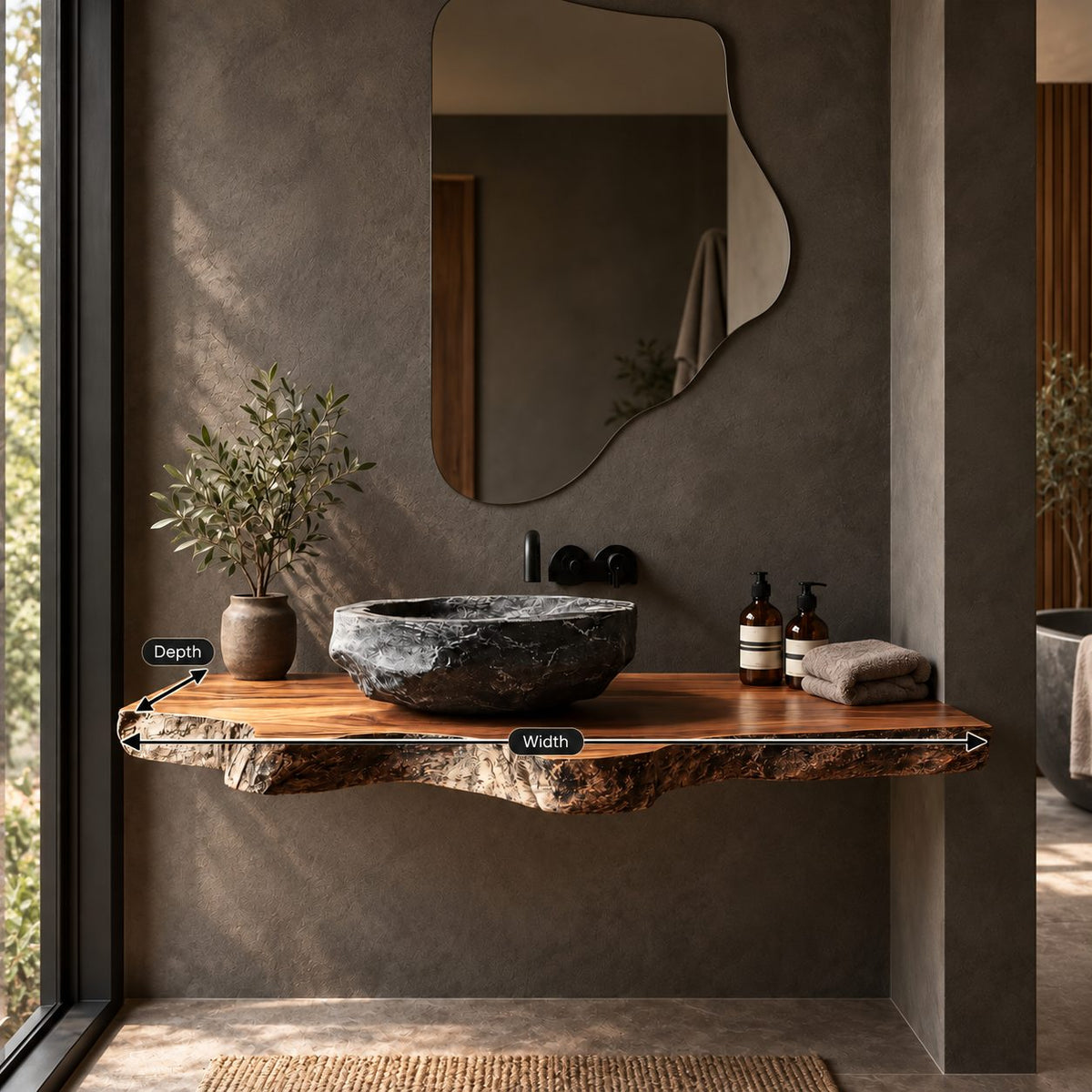 Handcrafted Thick Slab Floating Bathroom Vanity With Rugged Live Edge