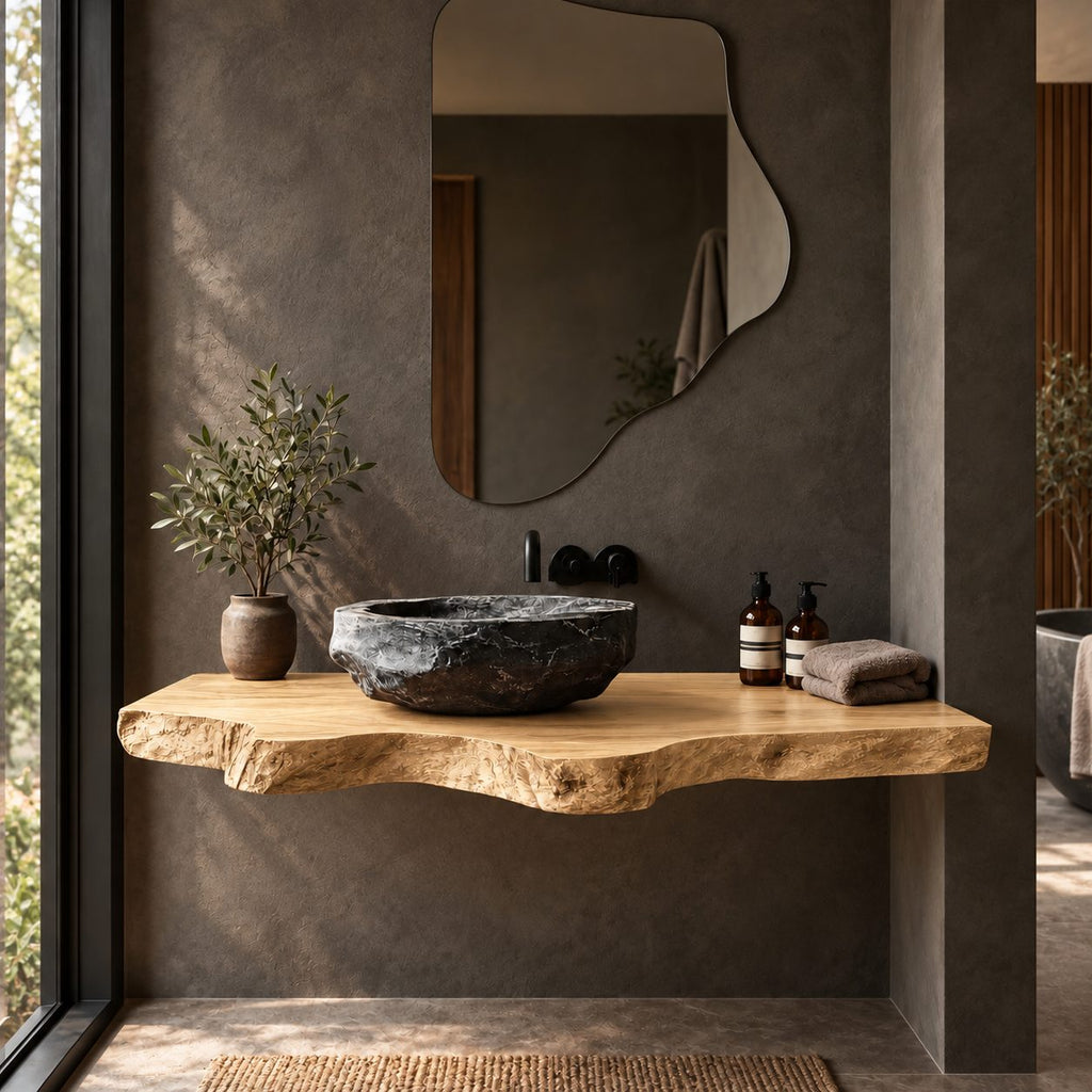 Handcrafted Thick Slab Floating Bathroom Vanity With Rugged Live Edge