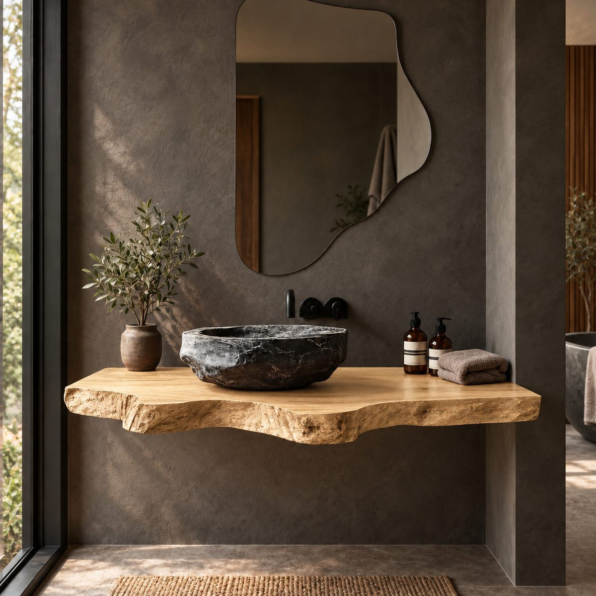 Handcrafted Thick Slab Floating Bathroom Vanity With Rugged Live Edge