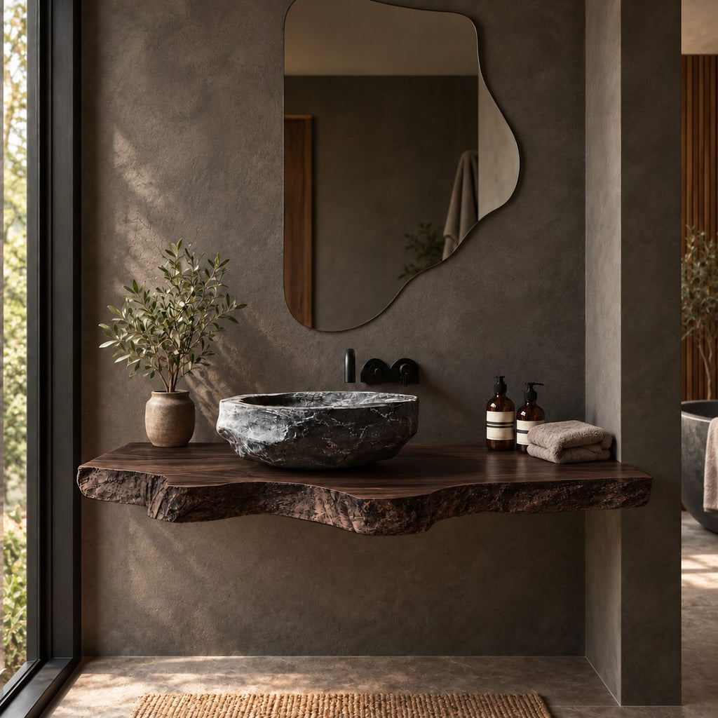 Handcrafted Thick Slab Floating Bathroom Vanity With Rugged Live Edge