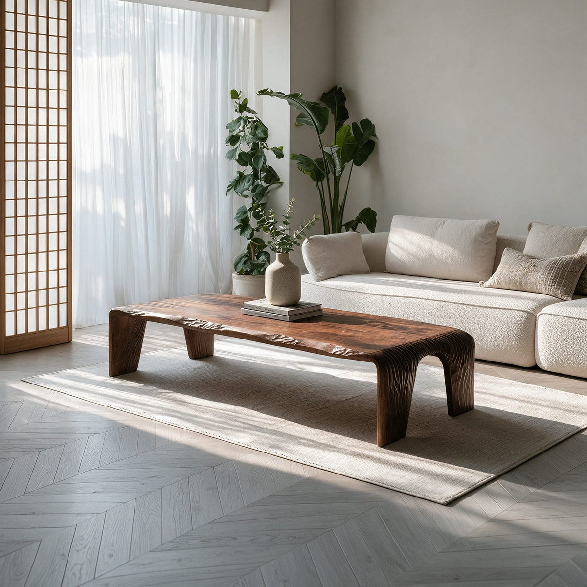 Wabi Sabi Low Live Edge Coffee Table With Grooved Slab Legs For Living Room
