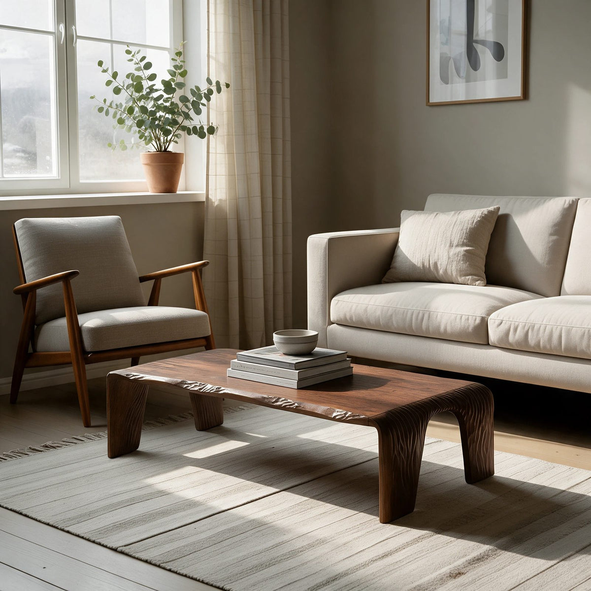Wabi Sabi Low Live Edge Coffee Table With Grooved Slab Legs For Living Room