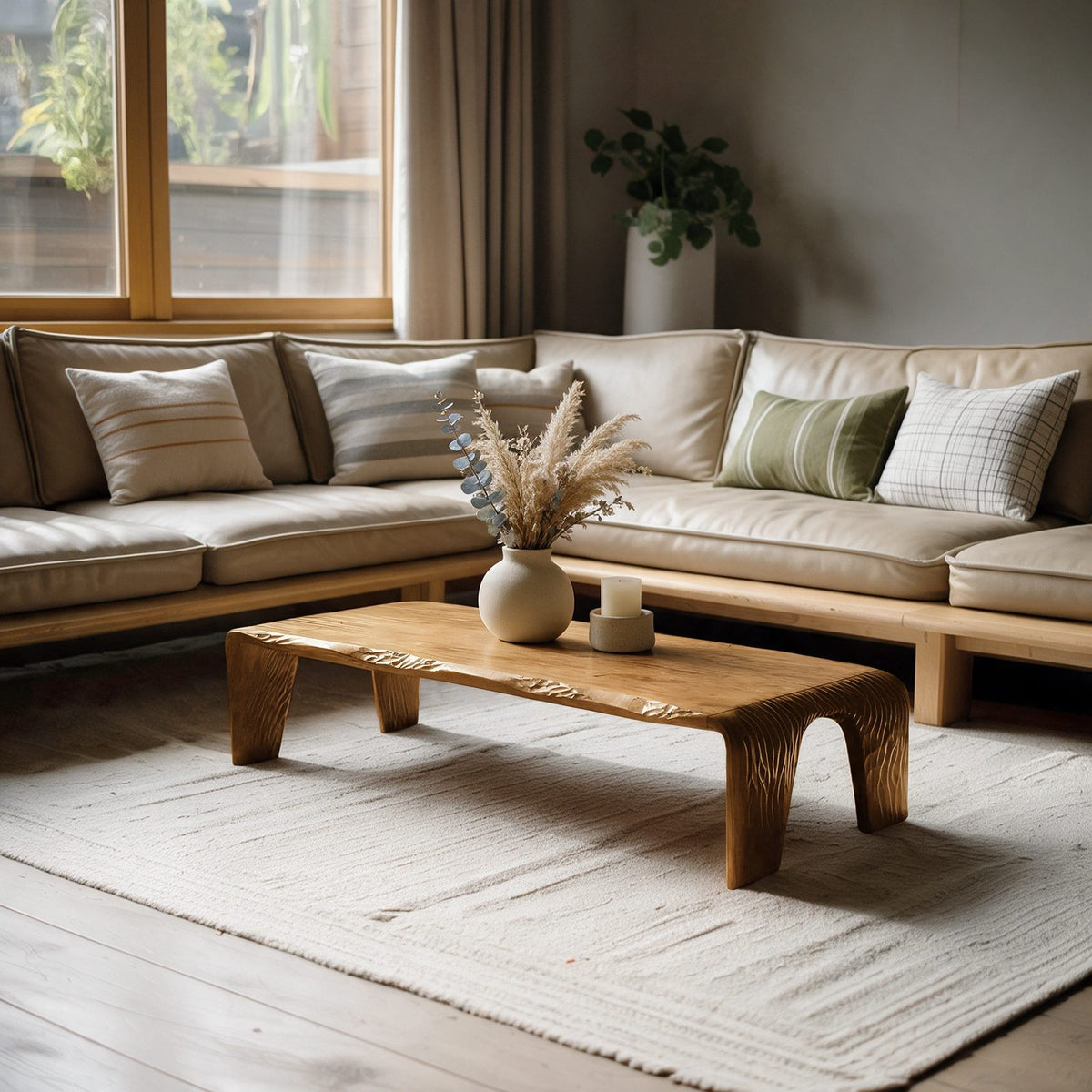 Wabi Sabi Low Live Edge Coffee Table With Grooved Slab Legs For Living Room