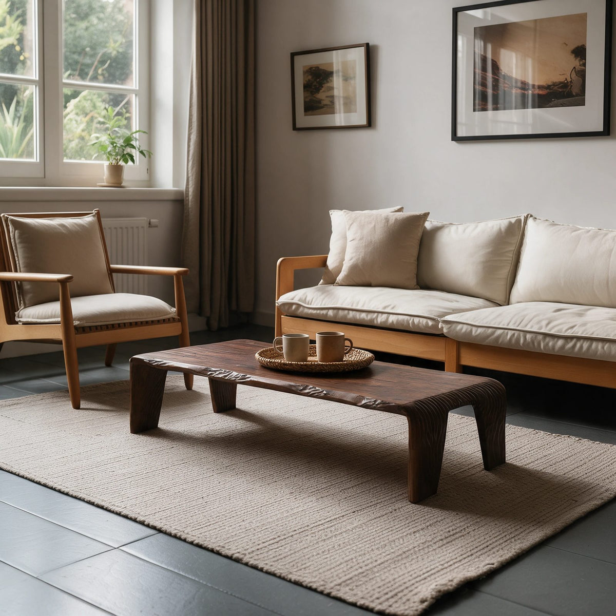 Wabi Sabi Low Live Edge Coffee Table With Grooved Slab Legs For Living Room