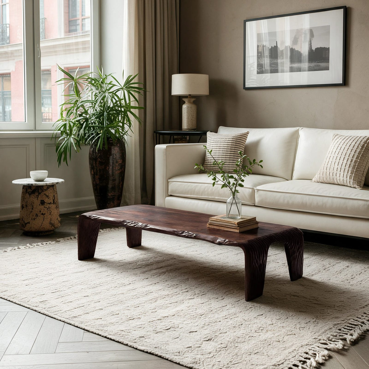 Wabi Sabi Low Live Edge Coffee Table With Grooved Slab Legs For Living Room