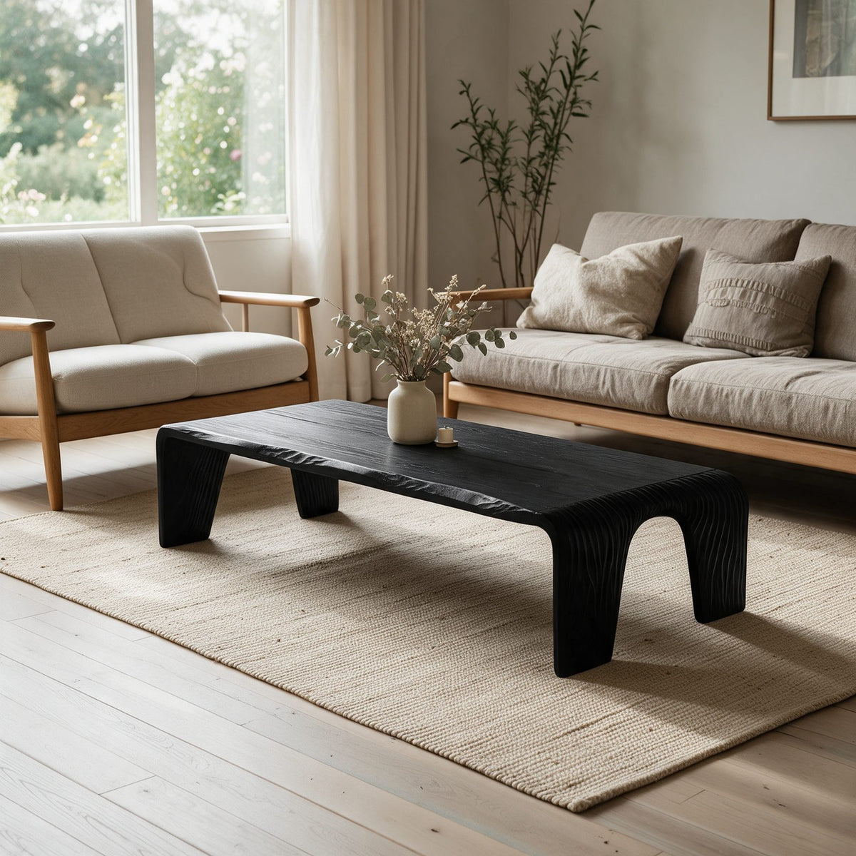 Wabi Sabi Low Live Edge Coffee Table With Grooved Slab Legs For Living Room
