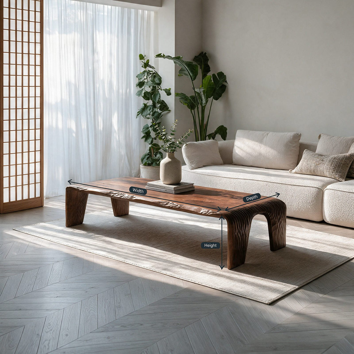 Wabi Sabi Low Live Edge Coffee Table With Grooved Slab Legs For Living Room