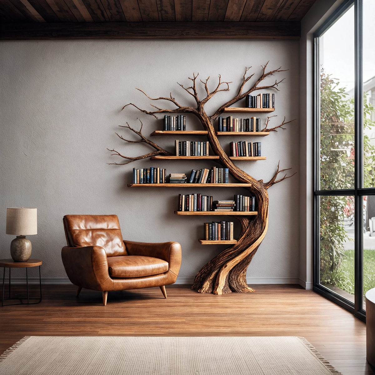 Rustic Wall Mounted Tree Bookshelf With Branch Shelves For Living Room
