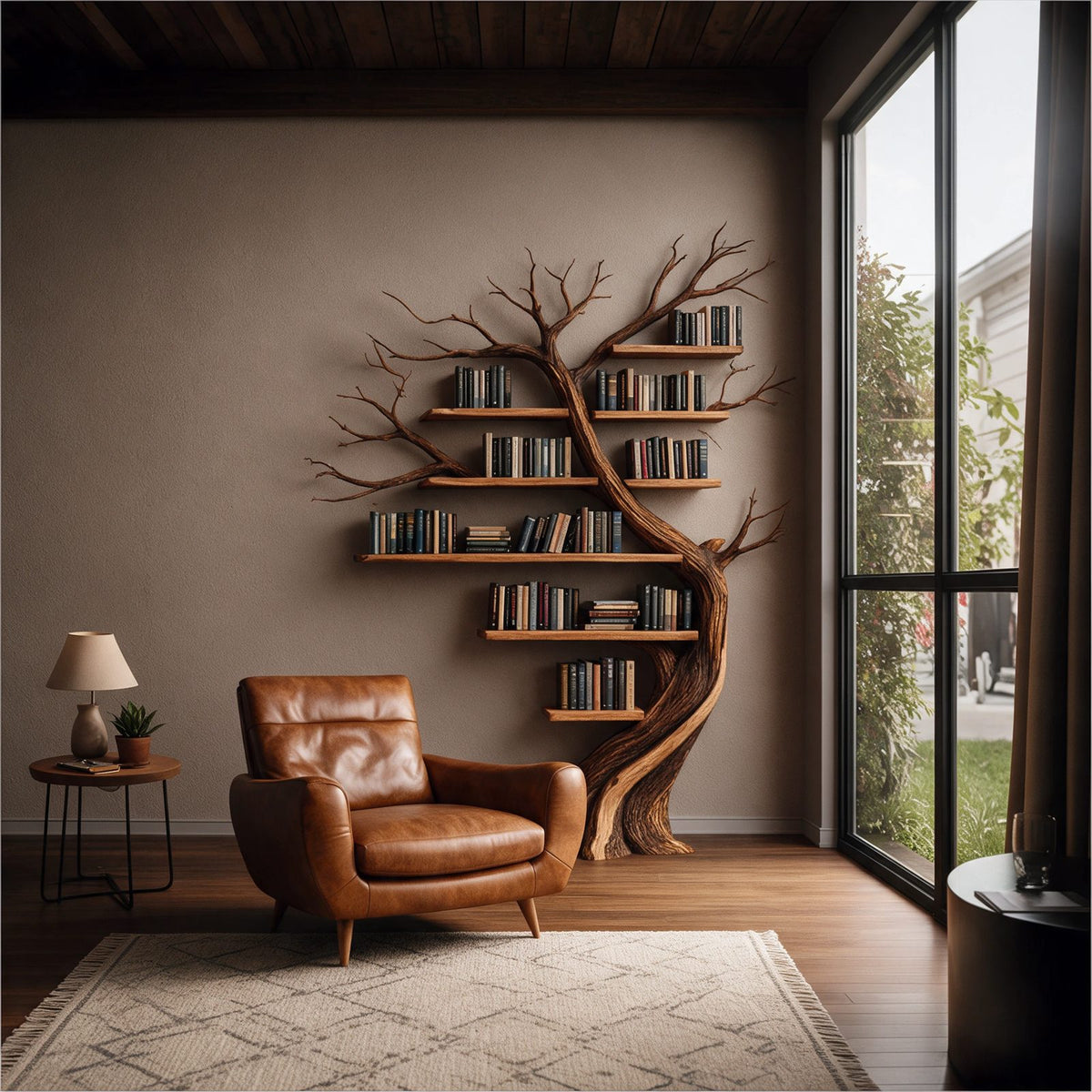 Rustic Wall Mounted Tree Bookshelf With Branch Shelves For Living Room
