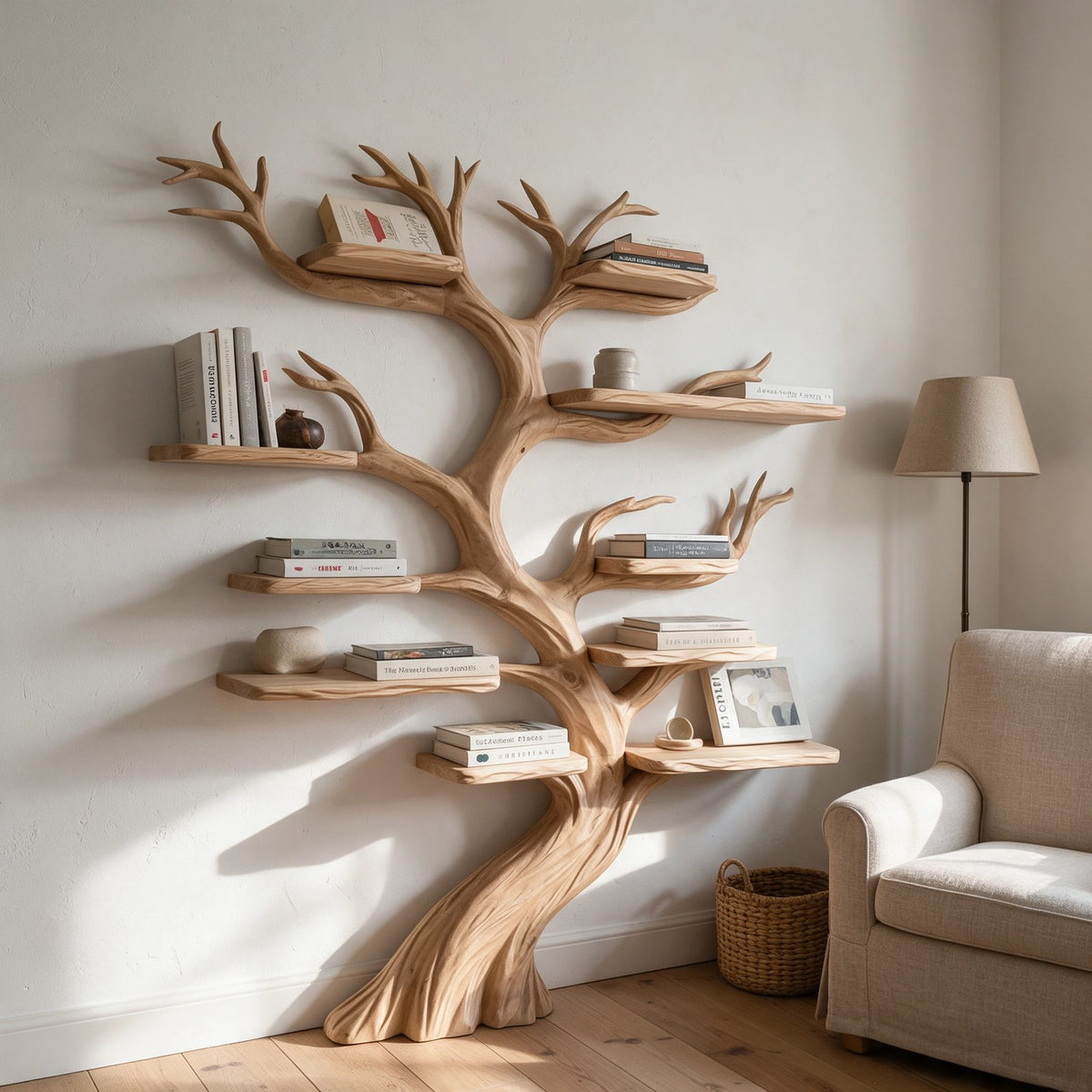 Rustic Wall Mounted Tree Bookshelf With Branch Shelves For Living Room