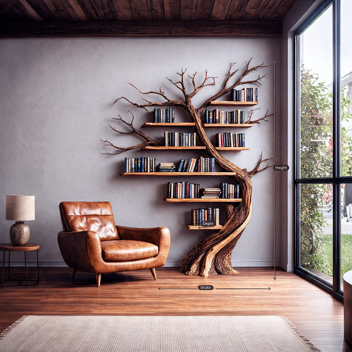 Rustic Wall Mounted Tree Bookshelf With Branch Shelves For Living Room