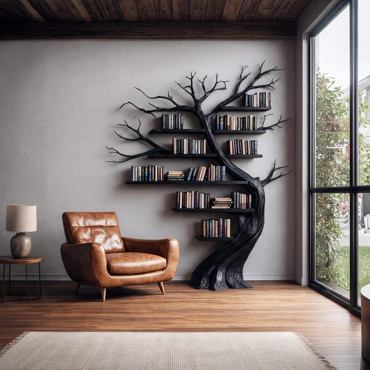 Rustic Wall Mounted Tree Bookshelf With Branch Shelves For Living Room