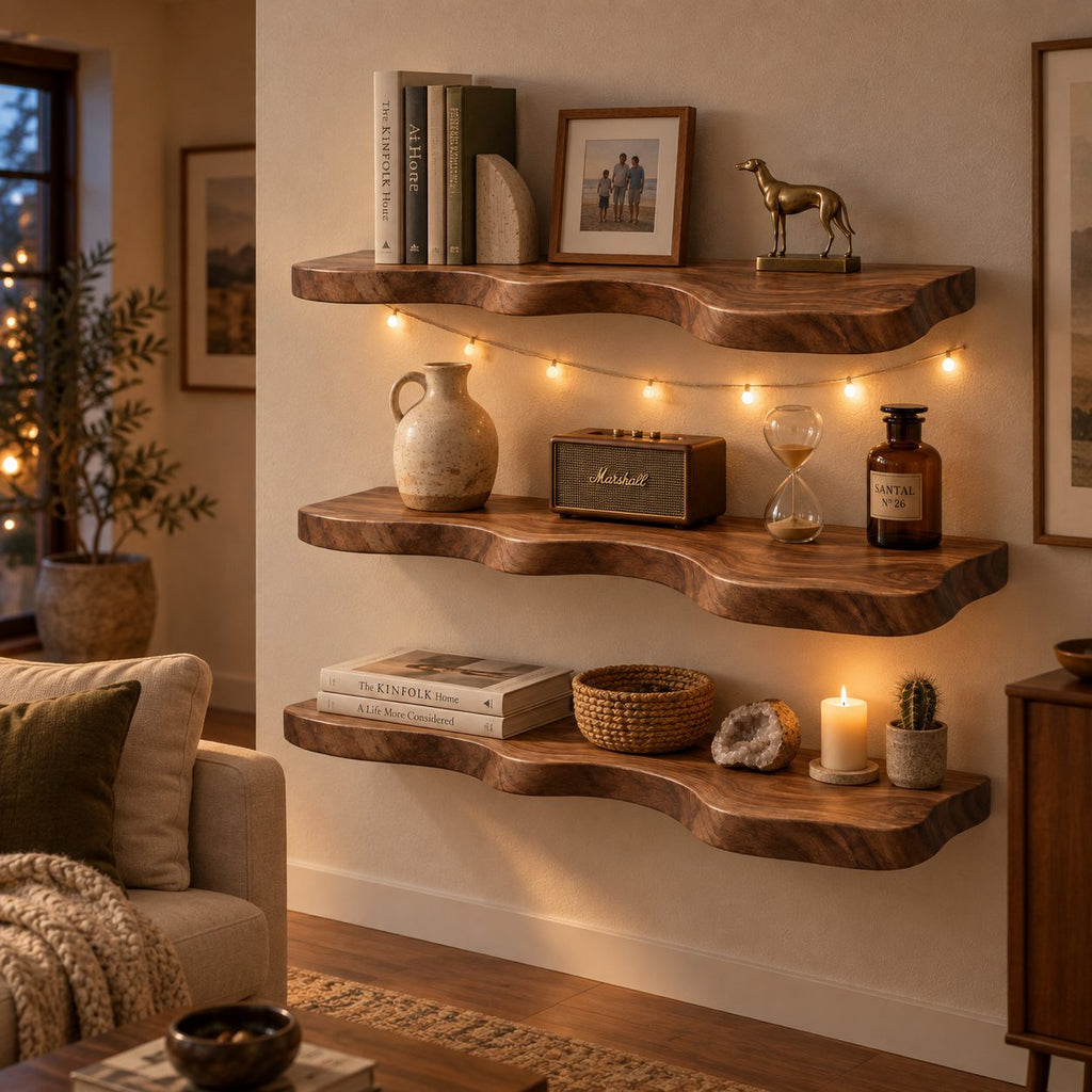 Organic-Wave Walnut Solid Wood Floating Wall Shelf – Live Edge Wood Shelf for Living Room