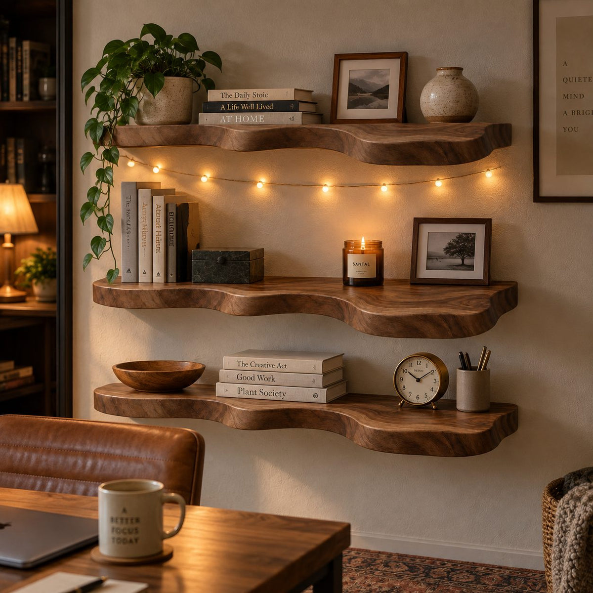 Organic-Wave Walnut Solid Wood Floating Wall Shelf – Live Edge Wood Shelf for Living Room