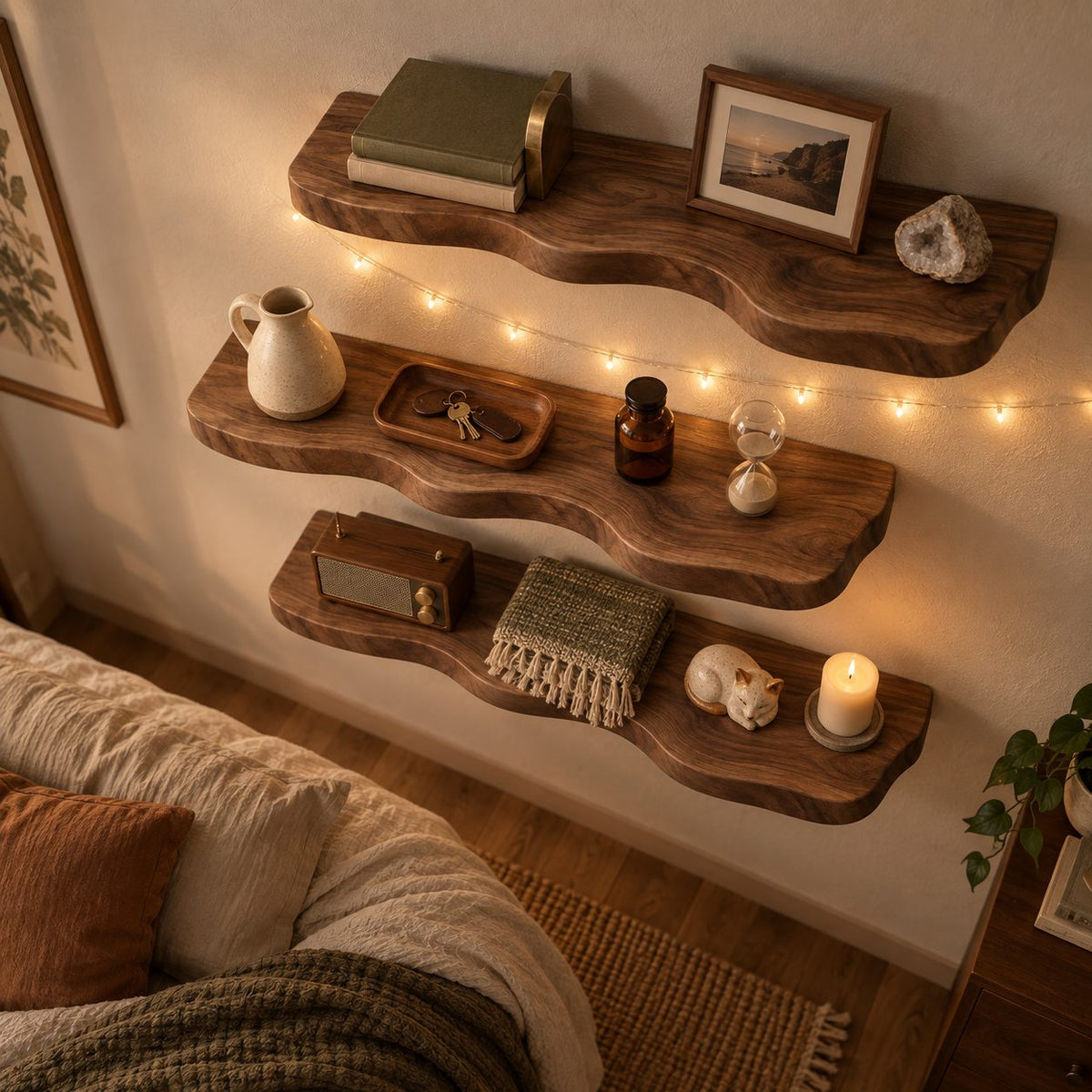 Organic-Wave Walnut Solid Wood Floating Wall Shelf – Live Edge Wood Shelf for Living Room