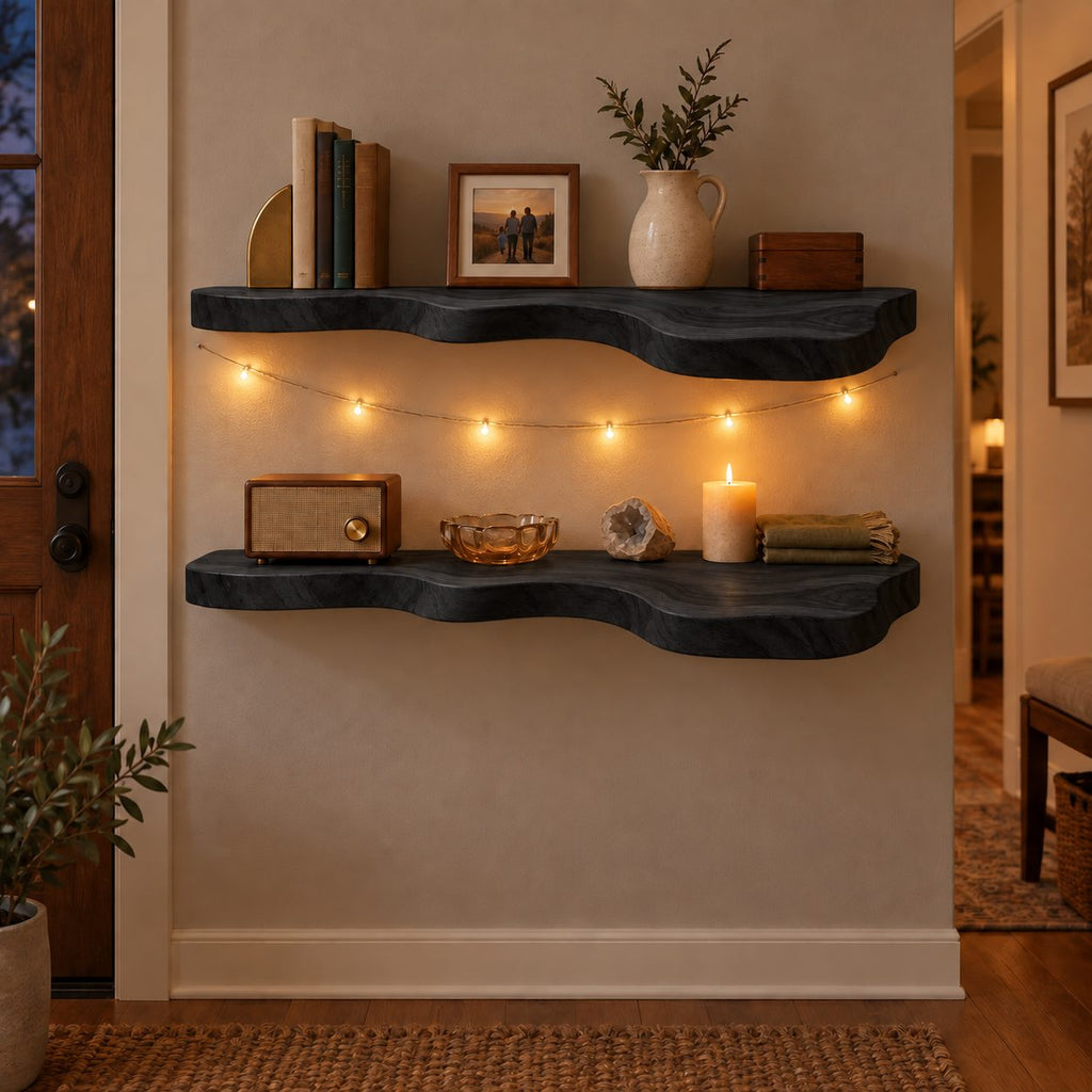 Organic-Wave Walnut Solid Wood Floating Wall Shelf – Live Edge Wood Shelf for Living Room