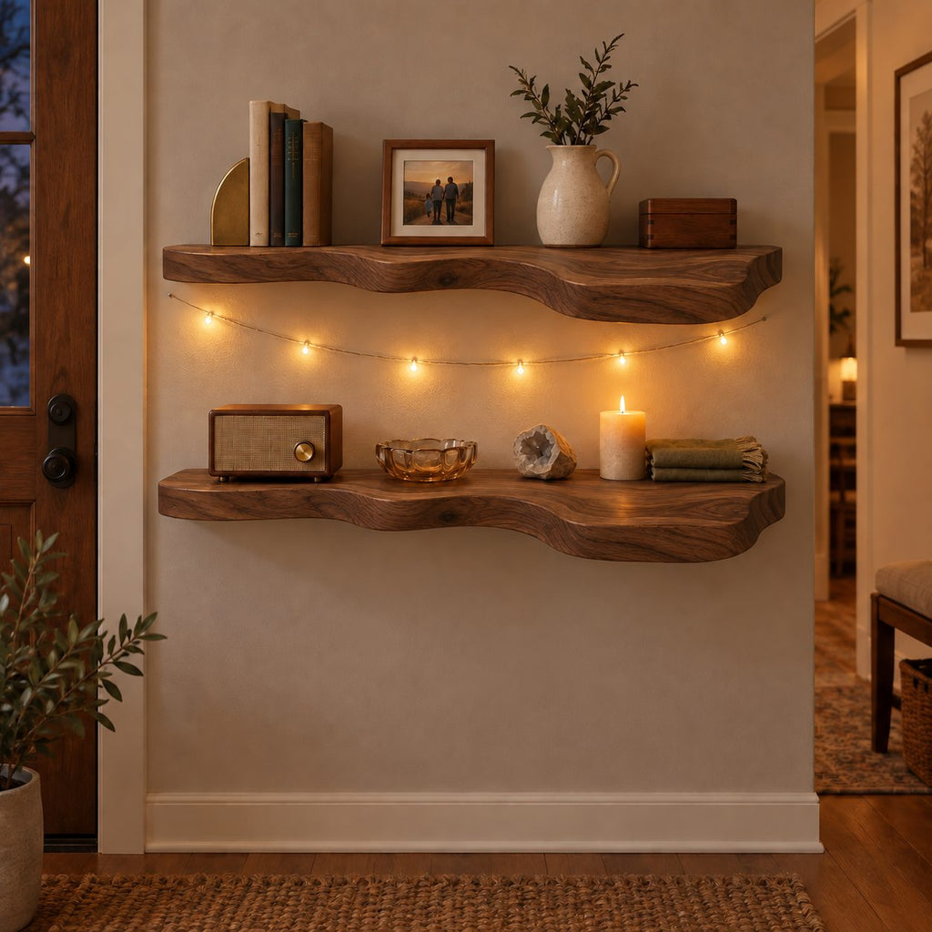 Organic-Wave Walnut Solid Wood Floating Wall Shelf – Live Edge Wood Shelf for Living Room