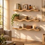 Scalloped-Wave Oak Solid Wood Floating Wall Shelf – Wavy Wood Shelf for Bathroom or Bedroom
