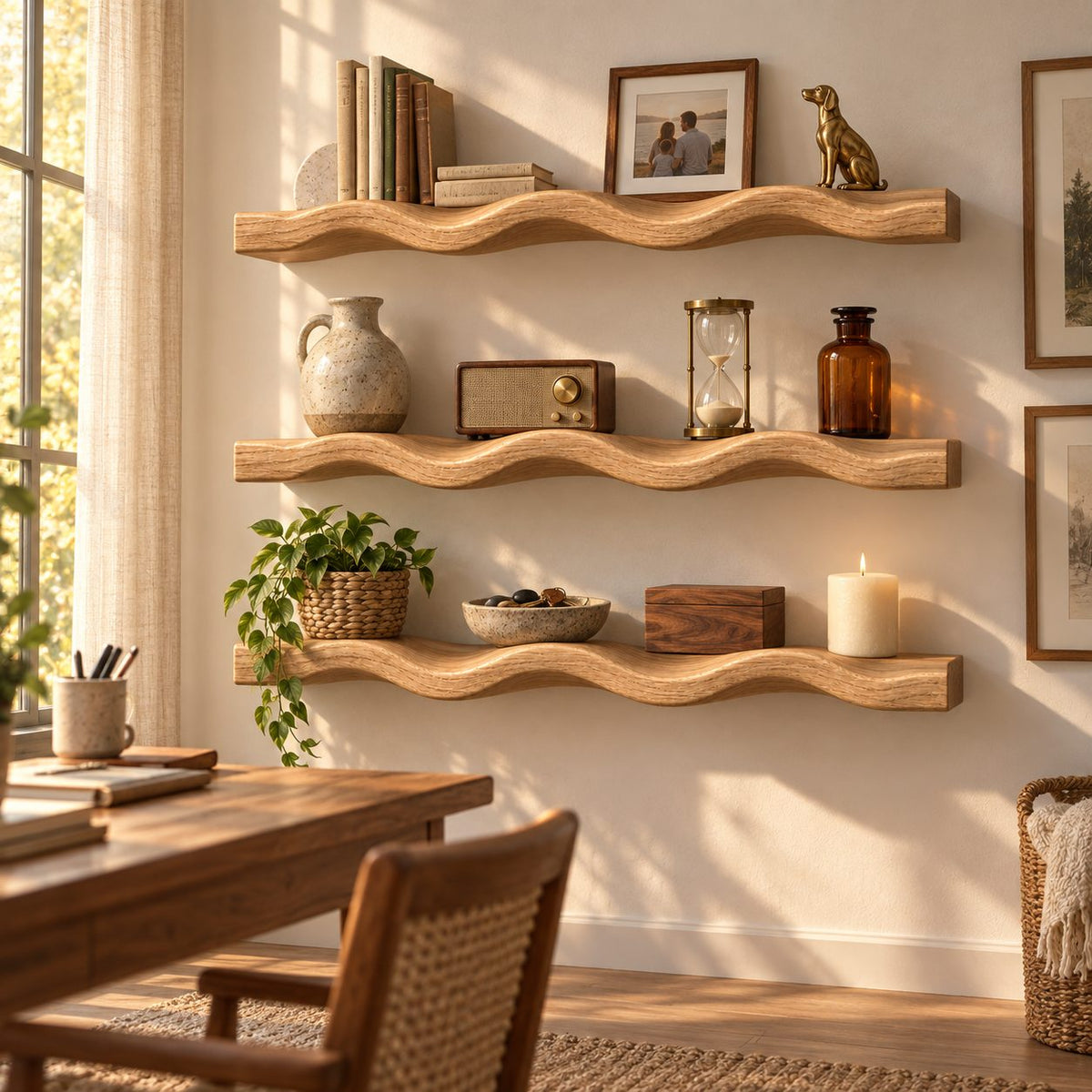 Scalloped-Wave Oak Solid Wood Floating Wall Shelf – Wavy Wood Shelf for Bathroom or Bedroom