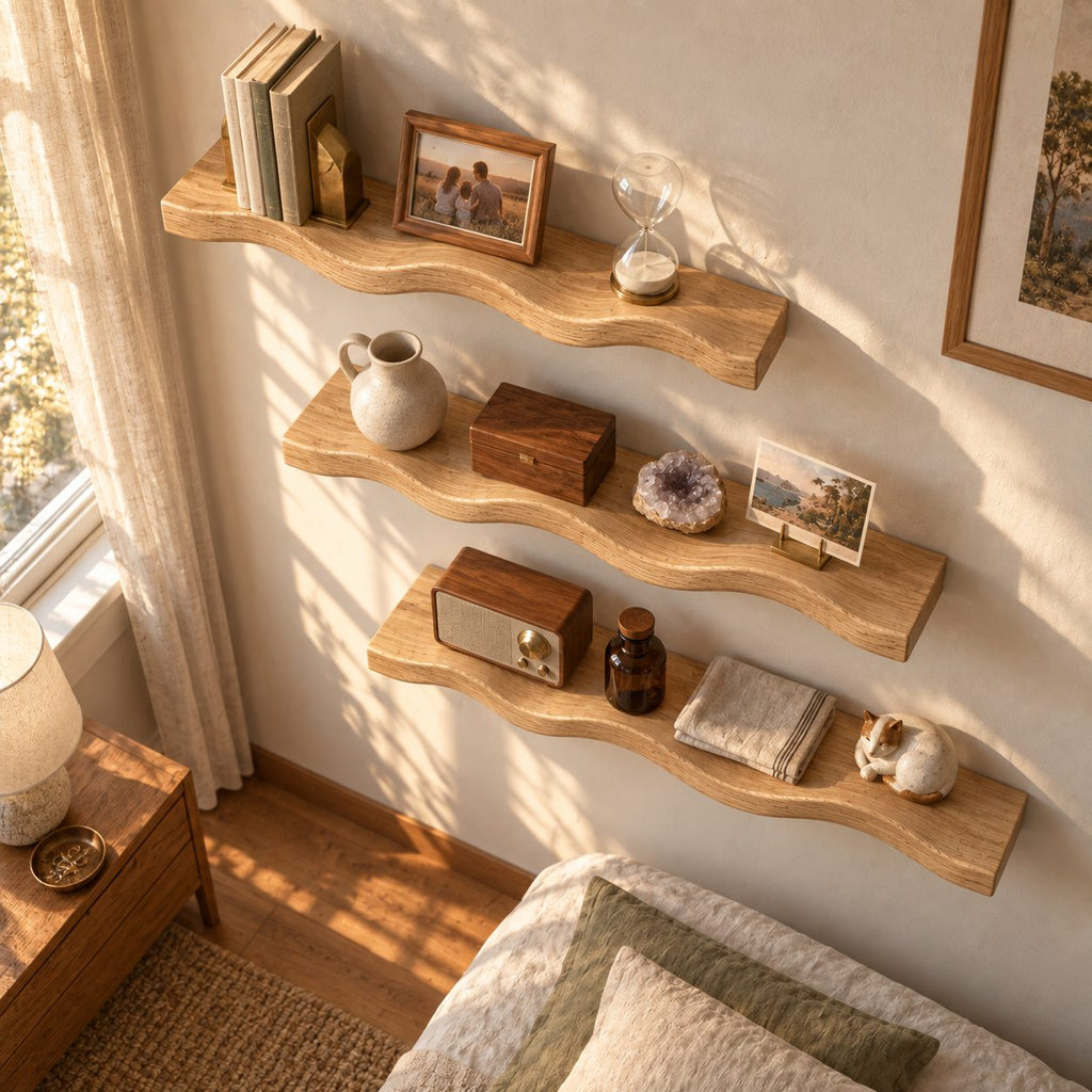 Scalloped-Wave Oak Solid Wood Floating Wall Shelf – Wavy Wood Shelf for Bathroom or Bedroom