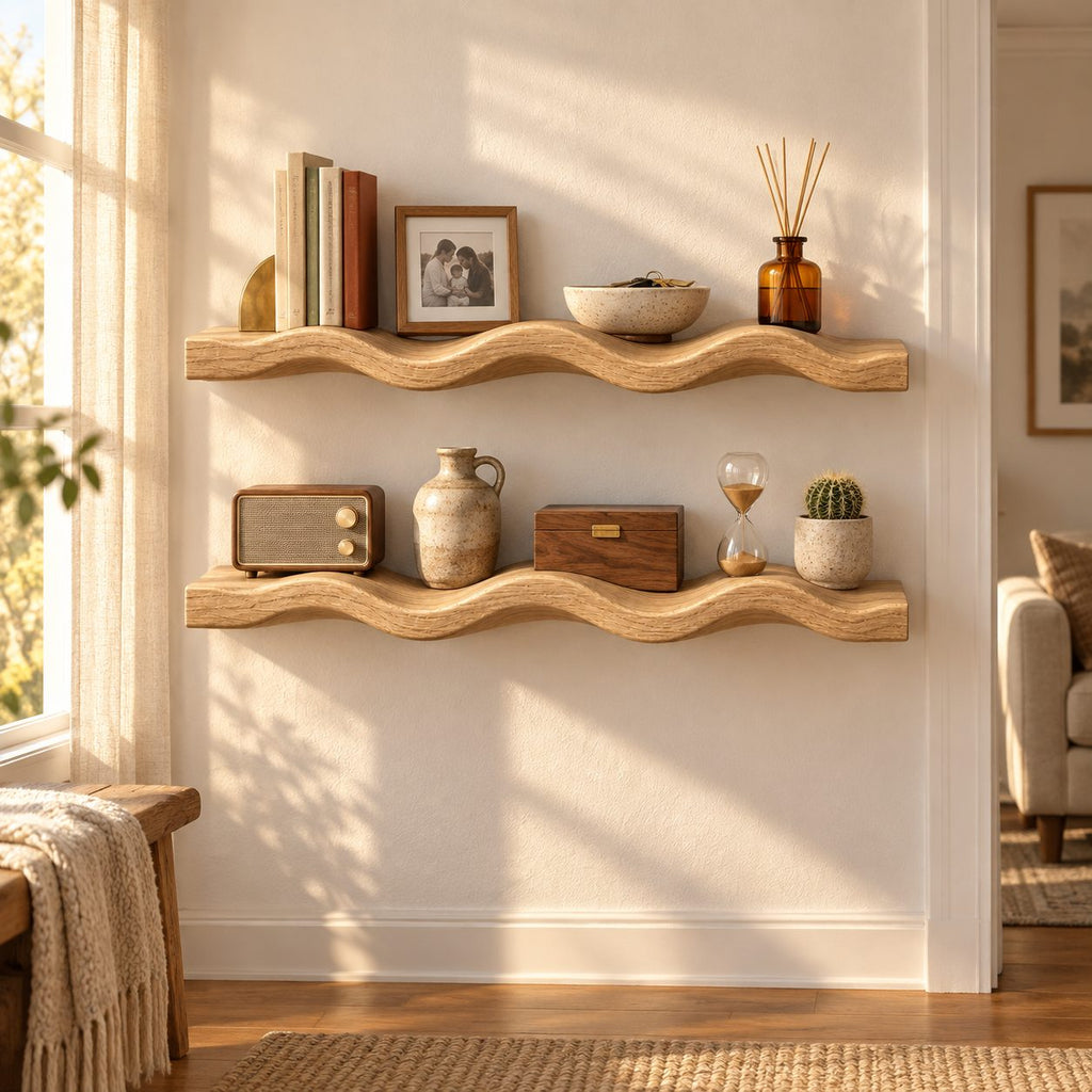 Scalloped-Wave Oak Solid Wood Floating Wall Shelf – Wavy Wood Shelf for Bathroom or Bedroom